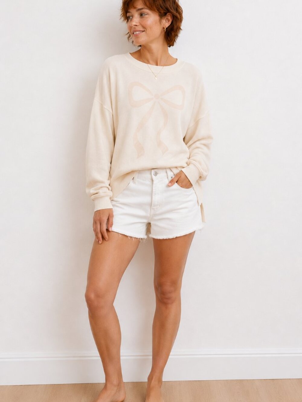 aerie Cream crew neck with box detail